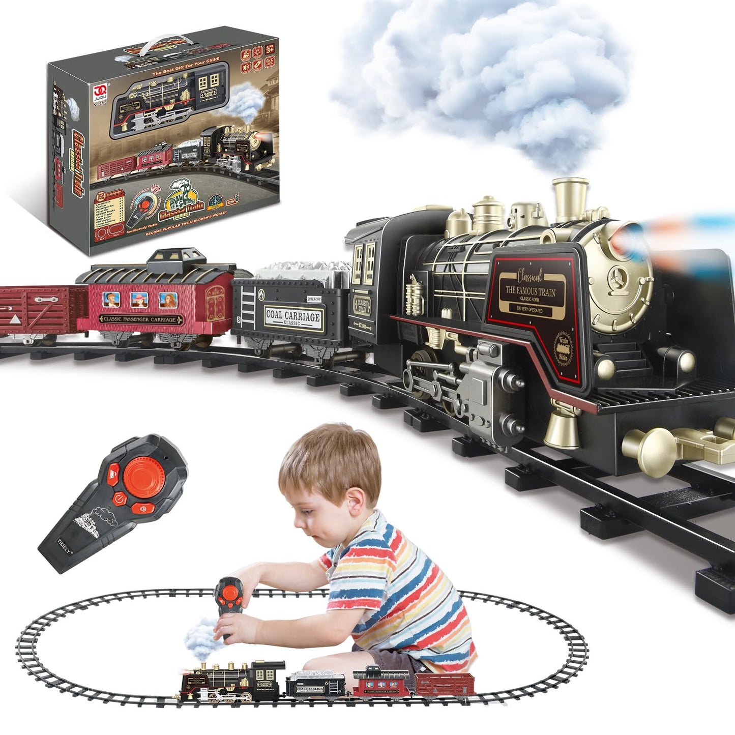JQ JUQU Remote Control Train Set – Electric Steam Train with Smoke, LED Lights & Tracks for Kids 3-12