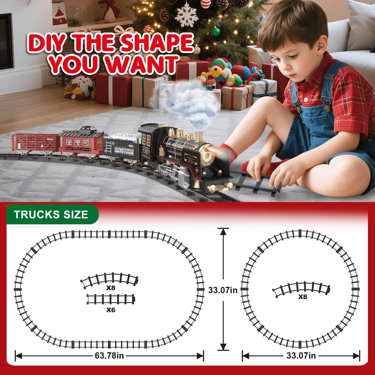 JQ JUQU Remote Control Train Set – Electric Steam Train with Smoke, LED Lights & Tracks for Kids 3-12