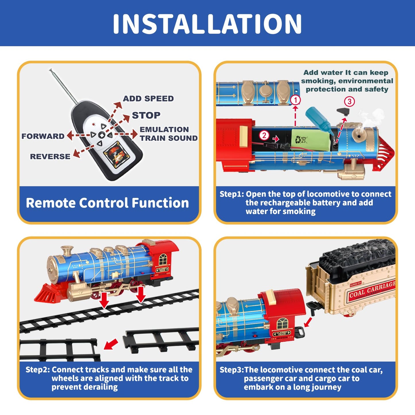 JQ JUQU Remote Control Train Set for Kids 3-8 | 17-Track Indoor Train with Steam, Lights & Sounds