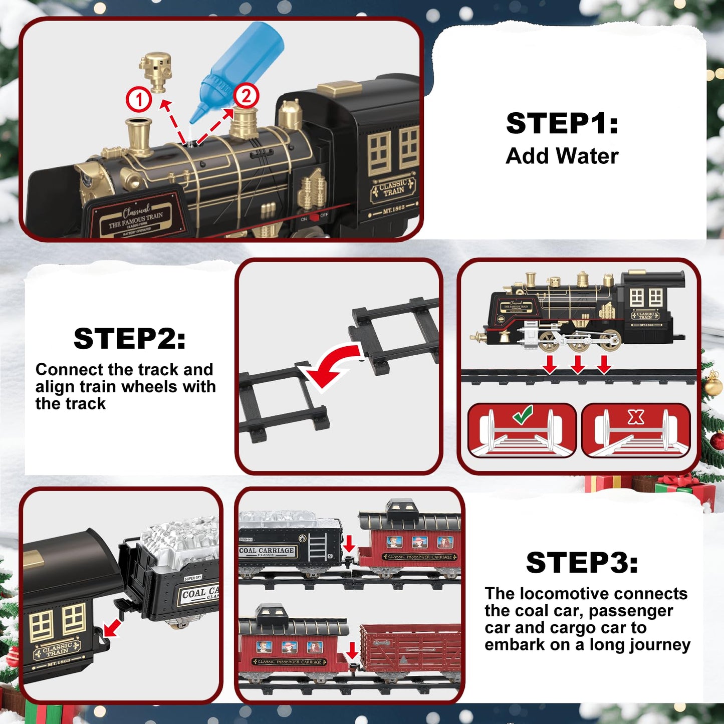 JQ JUQU Remote Control Train Set – Electric Steam Train with Smoke, LED Lights & Tracks for Kids 3-12