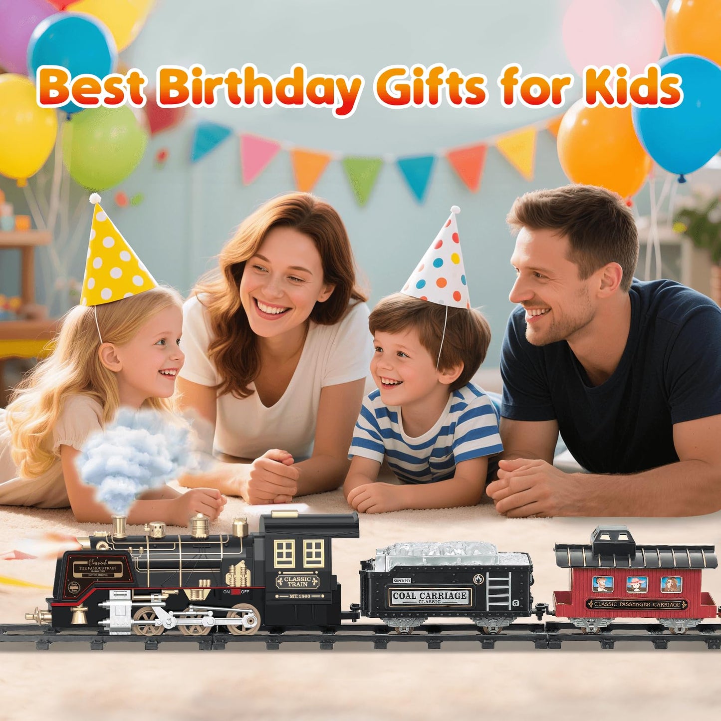 JQ JUQU Remote Control Train Set – Electric Steam Train with Smoke, LED Lights & Tracks for Kids 3-12