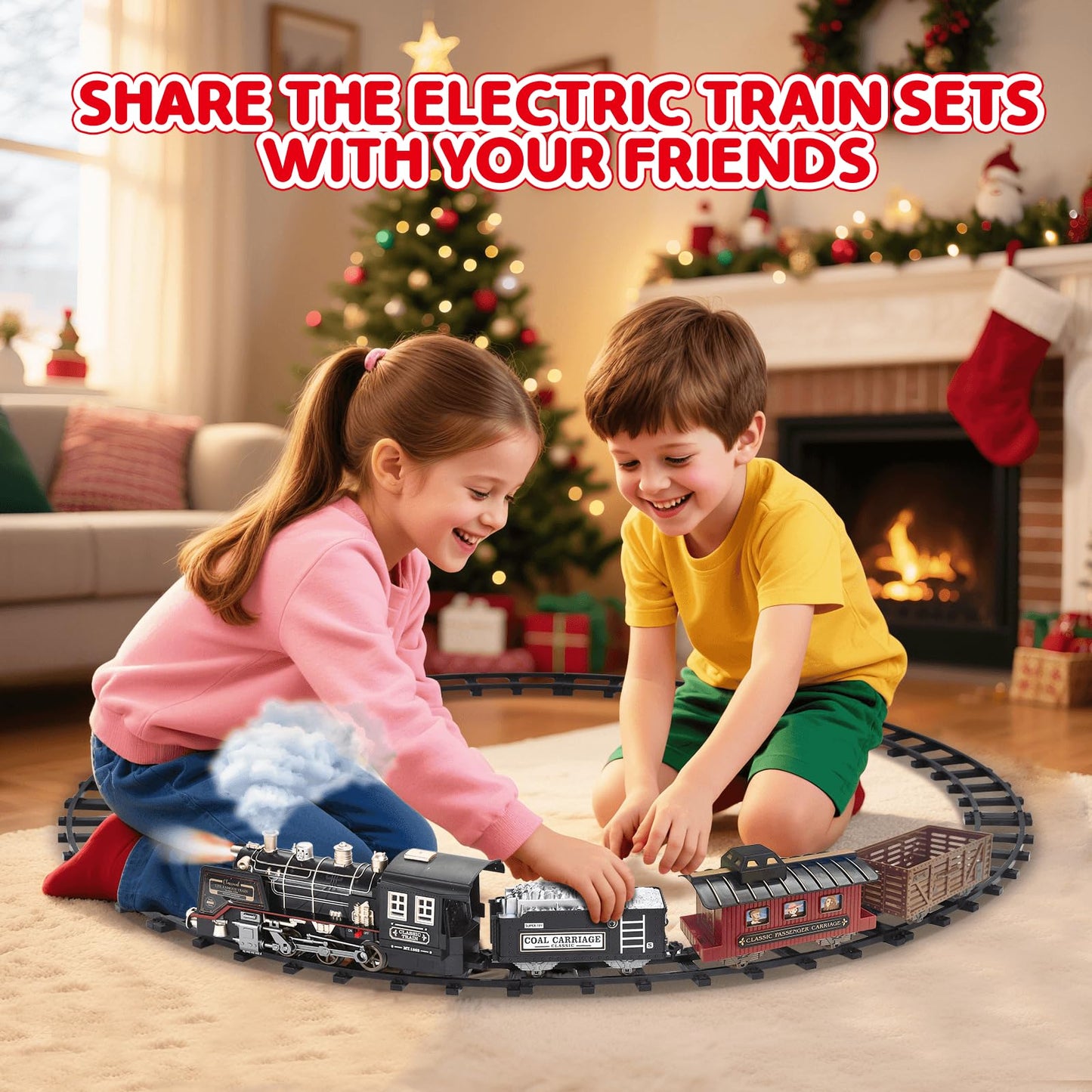 JQ JUQU Remote Control Train Set – Electric Steam Train with Smoke, LED Lights & Tracks for Kids 3-12