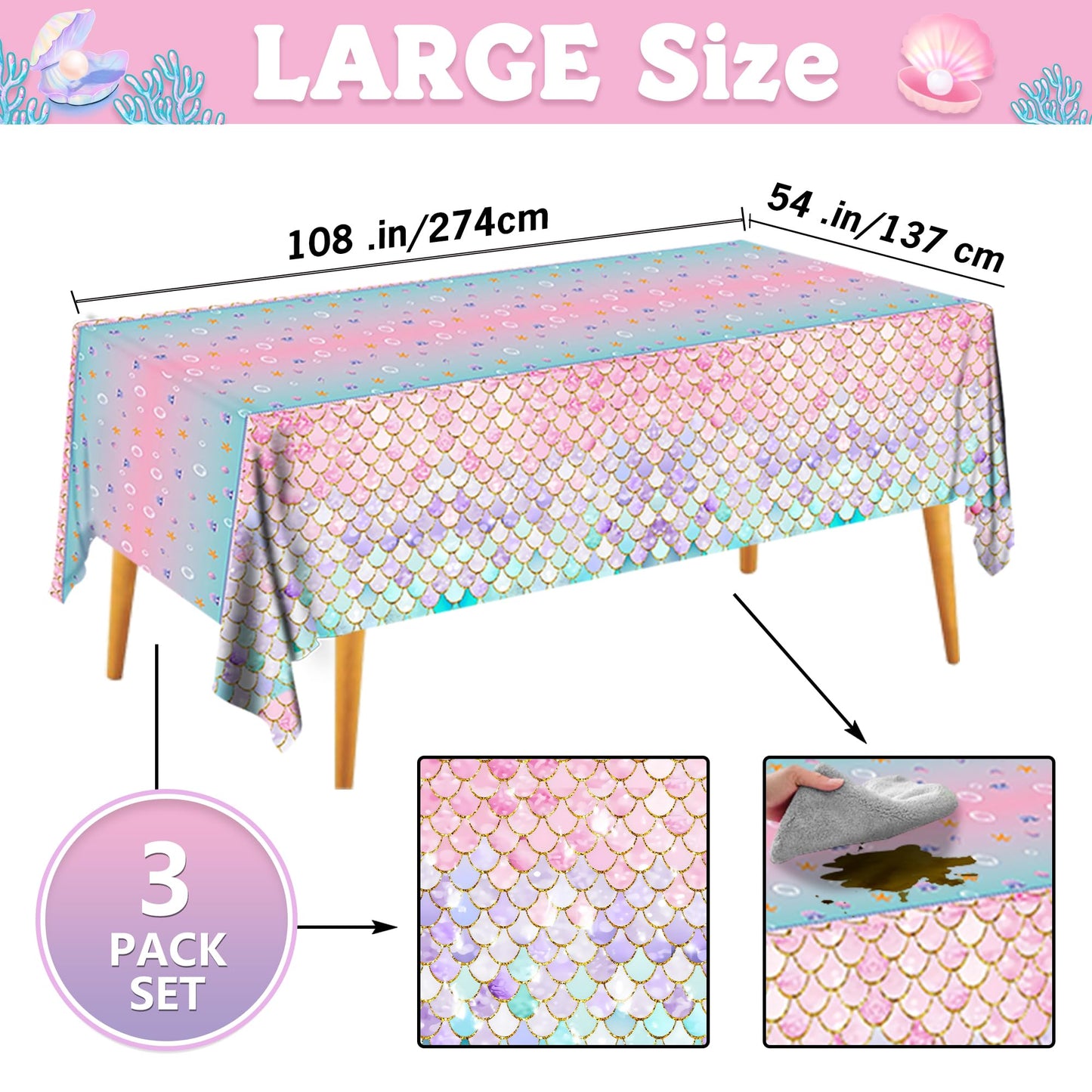 JQSSHXB Mermaid Tablecloths 3 Pack – Disposable, Fish-Scale Ocean Party Covers
