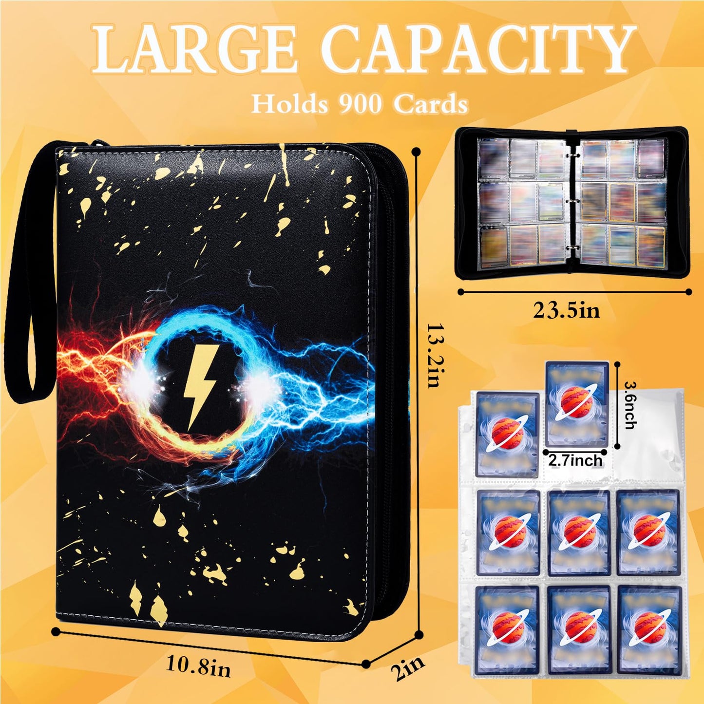 Jravkfi 9-Pocket Trading Card Binder – 900 Card Capacity, 3-Ring Zipper Album, 50 Sleeves, Black