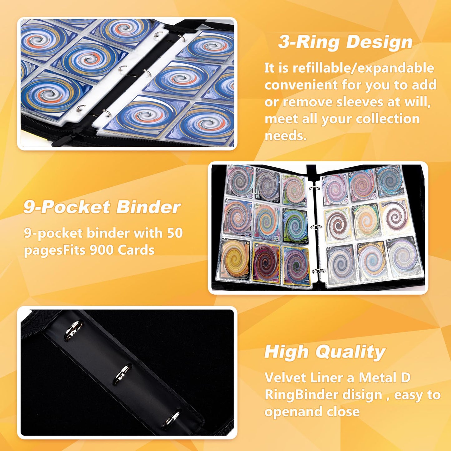 Jravkfi 9-Pocket Trading Card Binder – 900 Card Capacity, 3-Ring Zipper Album, 50 Sleeves, Black