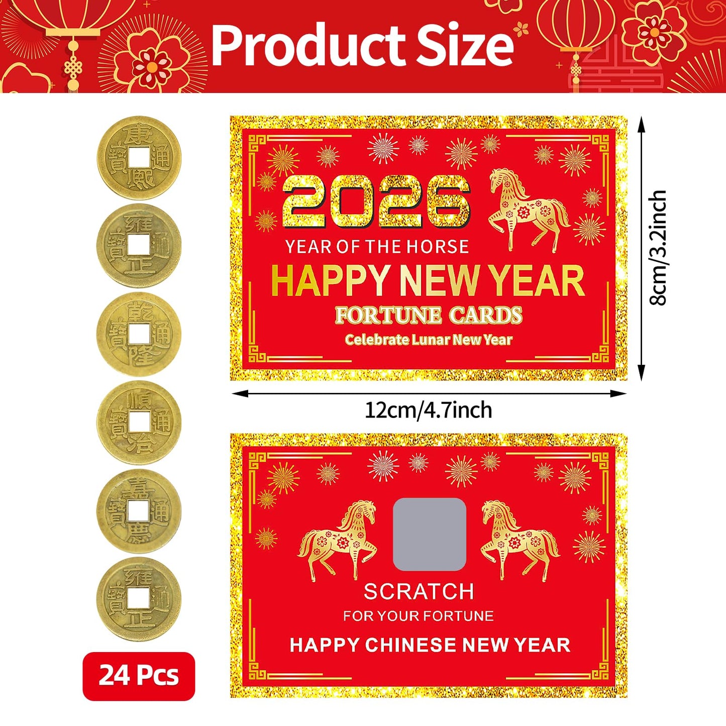 Jremreo 24 Counts Chinese New Year Horse Theme Scratch-Off Fortune Cards + 24 Lucky Coins
