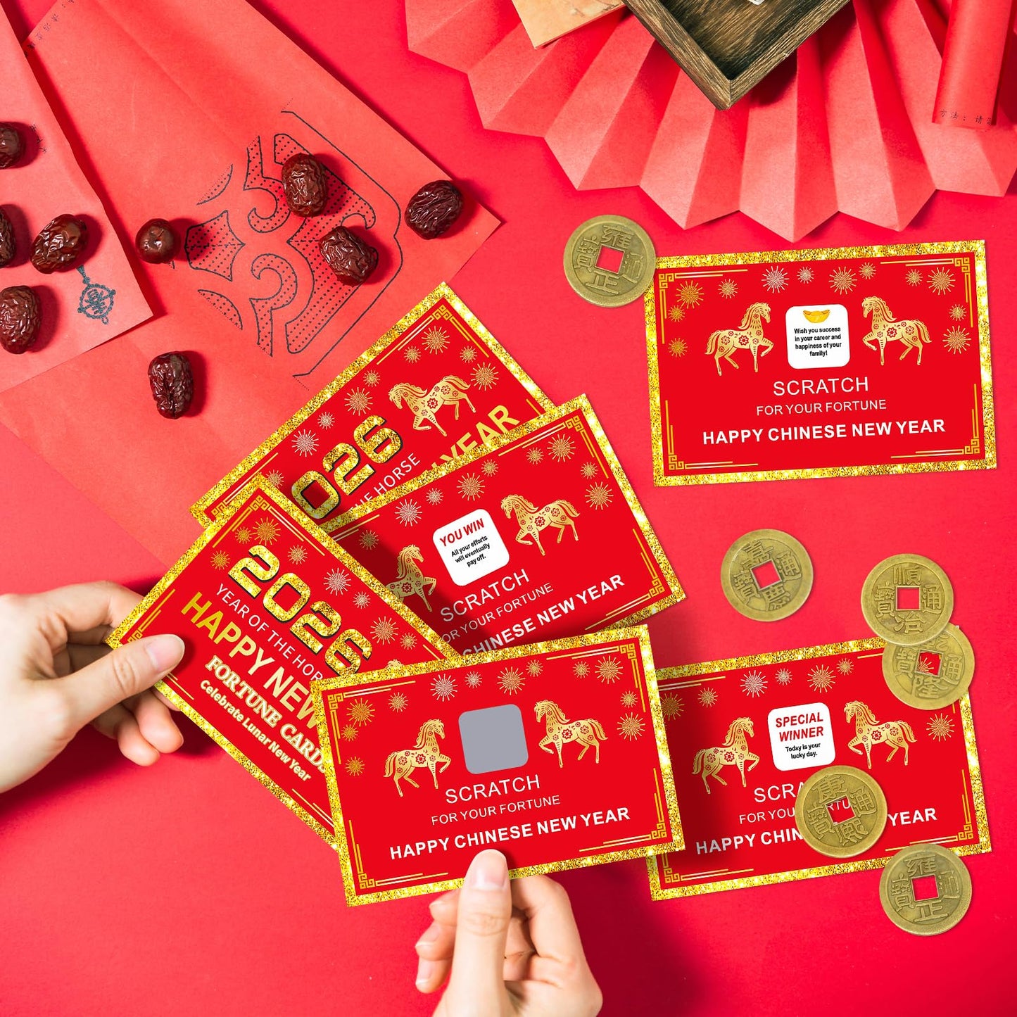 Jremreo 24 Counts Chinese New Year Horse Theme Scratch-Off Fortune Cards + 24 Lucky Coins