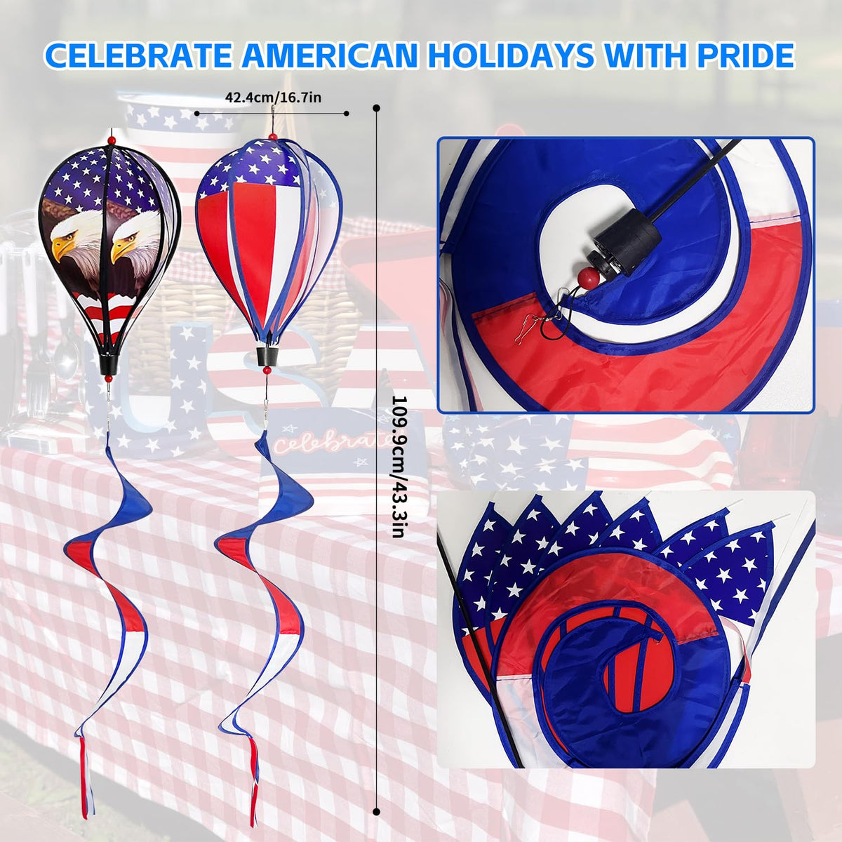 Jremreo 2 Pack 43-Inch Patriotic American Flag & Eagle Wind Spinner – Outdoor Garden Decor