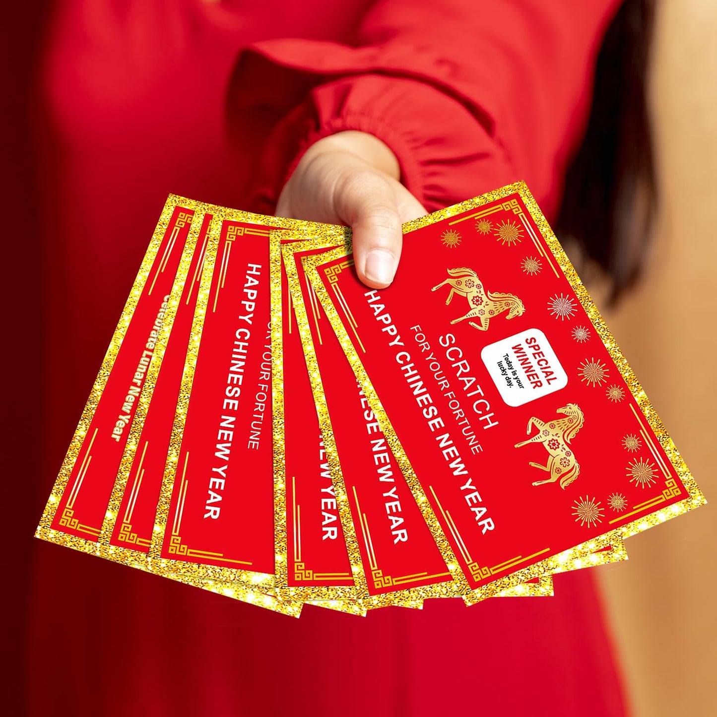 Jremreo 24 Counts Chinese New Year Horse Theme Scratch-Off Fortune Cards + 24 Lucky Coins