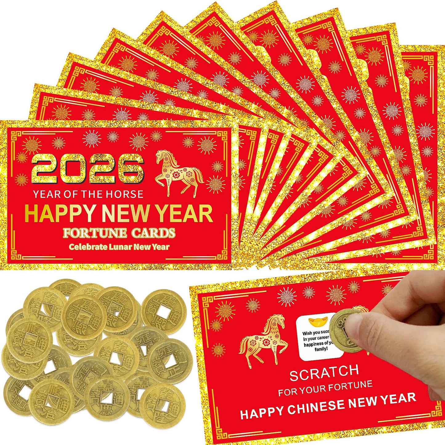 Jremreo 24 Counts Chinese New Year Horse Theme Scratch-Off Fortune Cards + 24 Lucky Coins