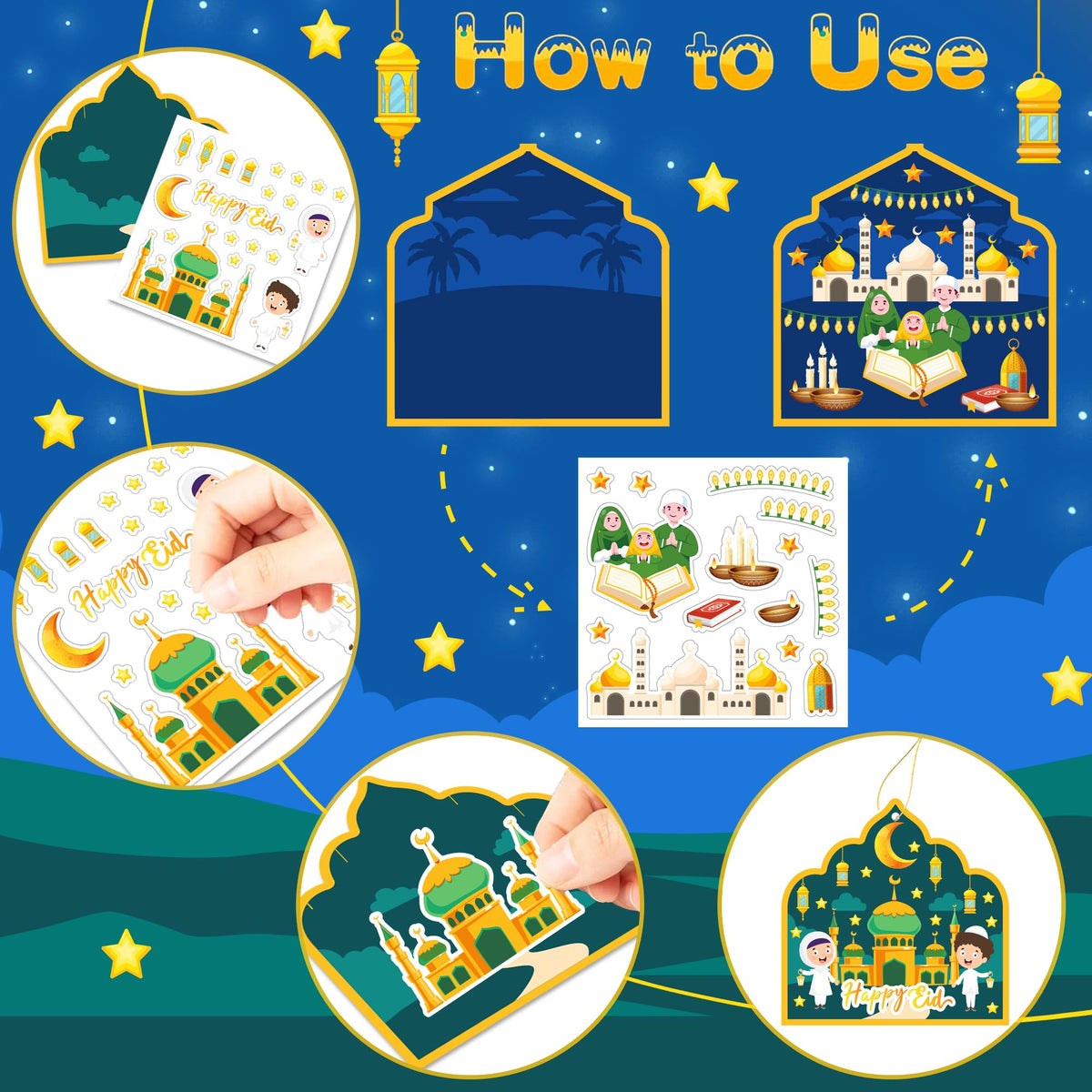 Jremreo Eid Mubarak & Ramadan Kareem Craft Kit — 48 Pcs Mosque Scene Stickers