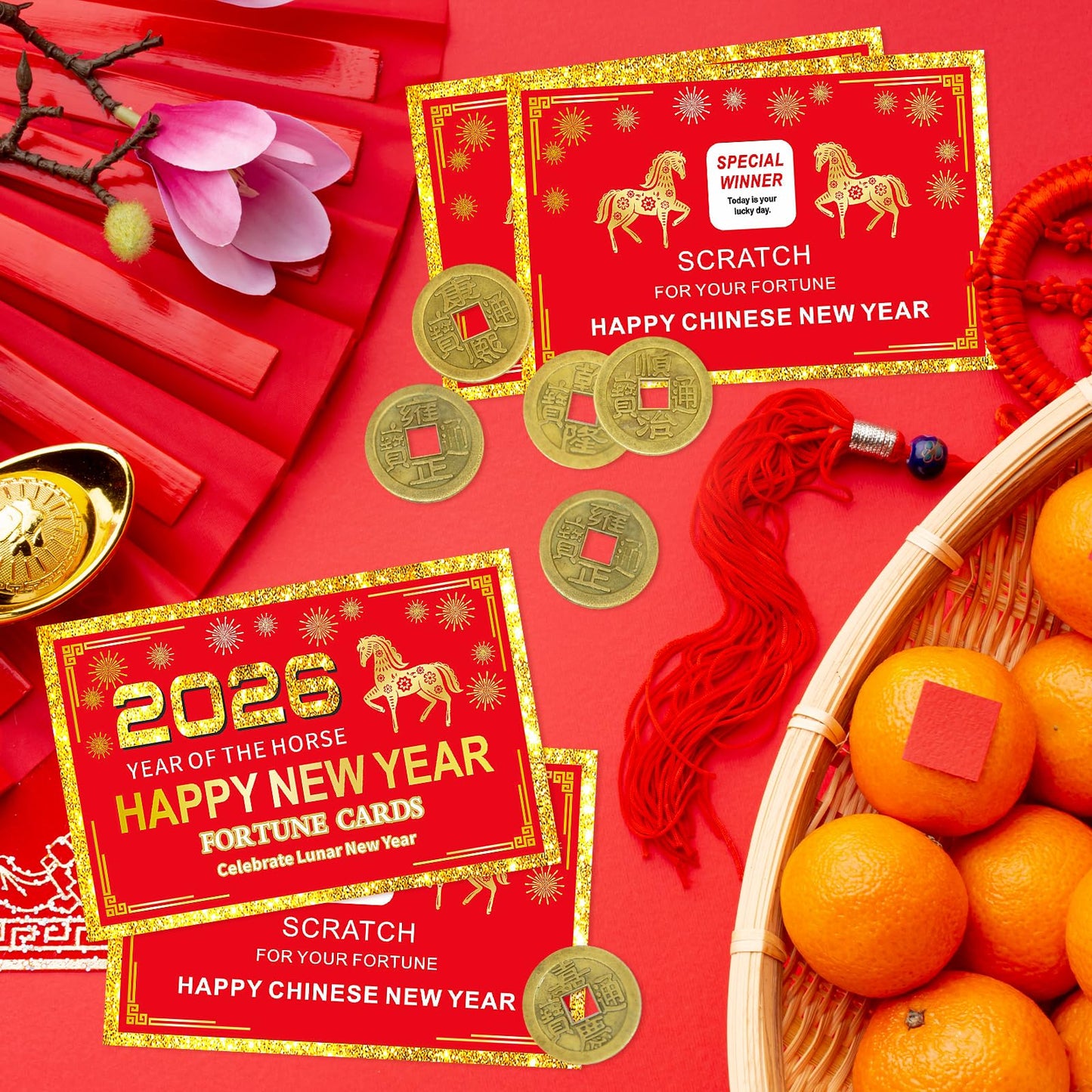 Jremreo 24 Counts Chinese New Year Horse Theme Scratch-Off Fortune Cards + 24 Lucky Coins