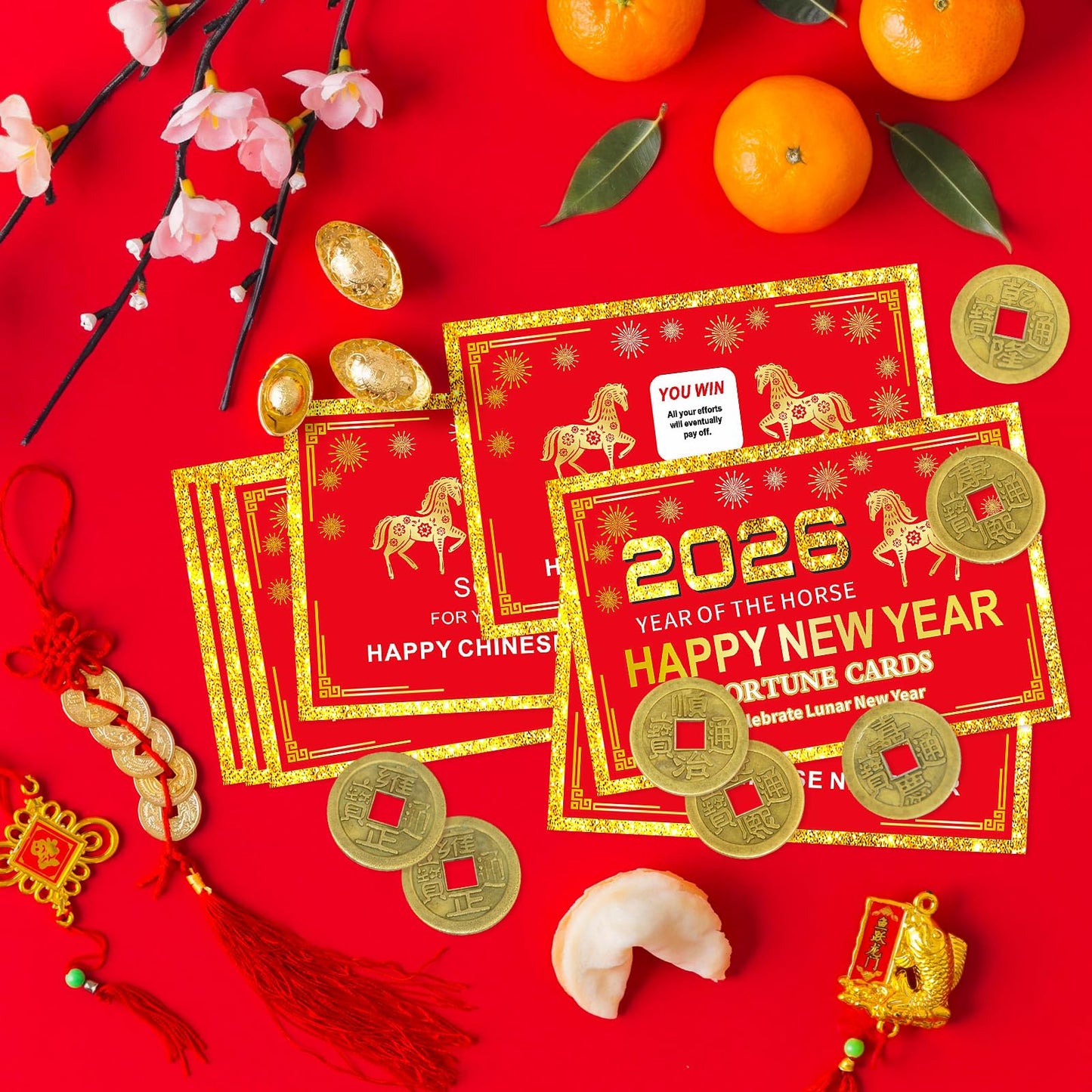 Jremreo 24 Counts Chinese New Year Horse Theme Scratch-Off Fortune Cards + 24 Lucky Coins