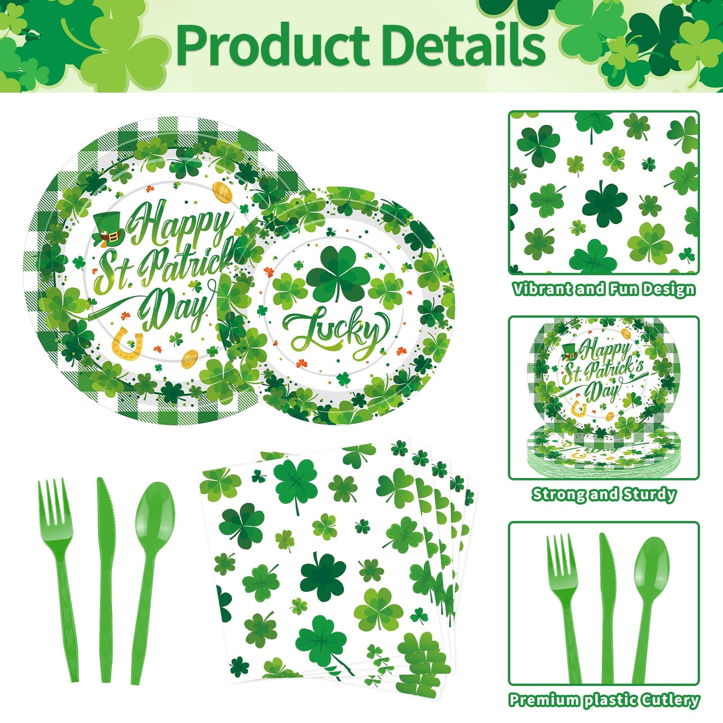 Jremreo 175 Pcs St. Patrick's Day Tableware Set – Serves 25, Green Shamrock & Plaid Disposable Dinnerware