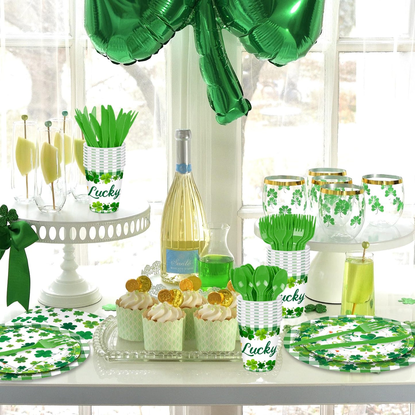Jremreo 175 Pcs St. Patrick's Day Tableware Set – Serves 25, Green Shamrock & Plaid Disposable Dinnerware