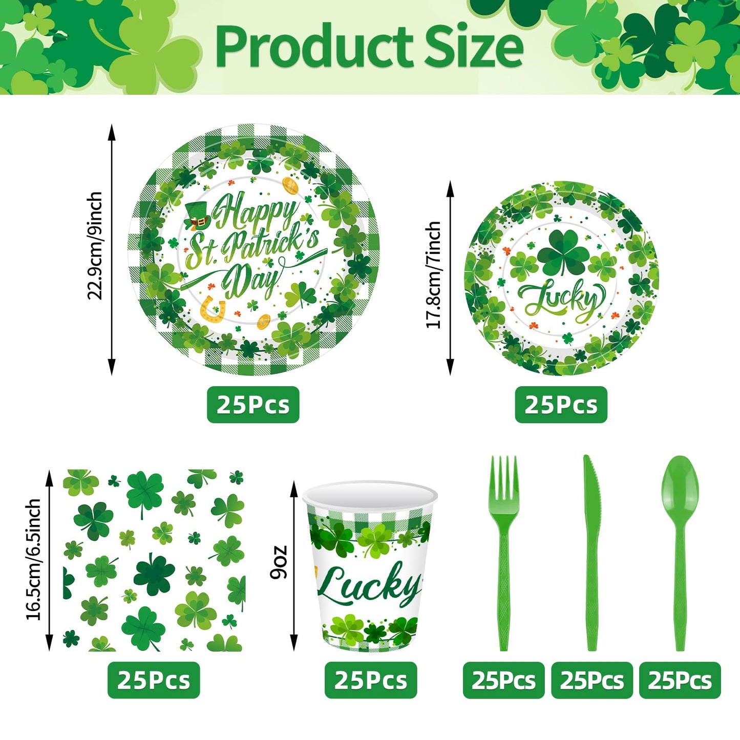 Jremreo 175 Pcs St. Patrick's Day Tableware Set – Serves 25, Green Shamrock & Plaid Disposable Dinnerware