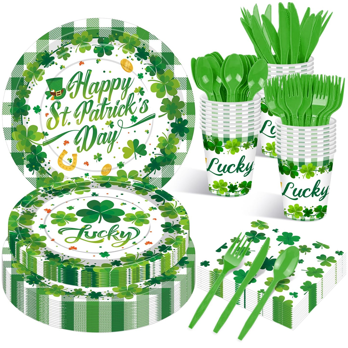 Jremreo 175 Pcs St. Patrick's Day Tableware Set – Serves 25, Green Shamrock & Plaid Disposable Dinnerware