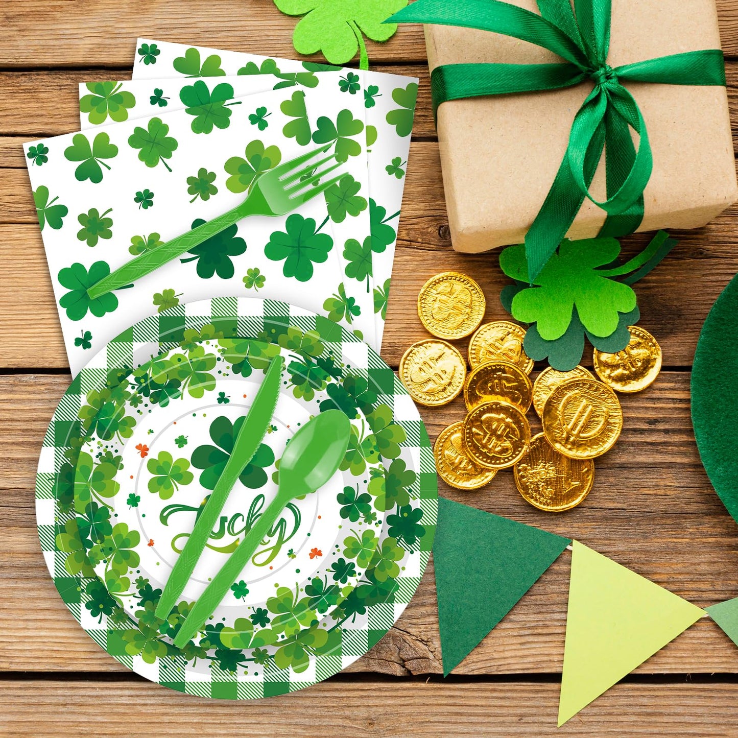 Jremreo 175 Pcs St. Patrick's Day Tableware Set – Serves 25, Green Shamrock & Plaid Disposable Dinnerware