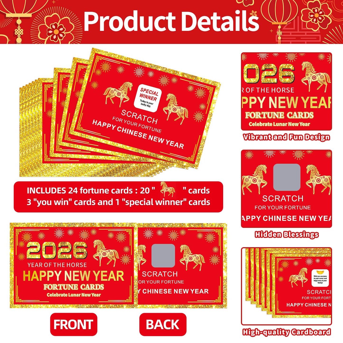 Jremreo 24 Counts Chinese New Year Horse Theme Scratch-Off Fortune Cards + 24 Lucky Coins