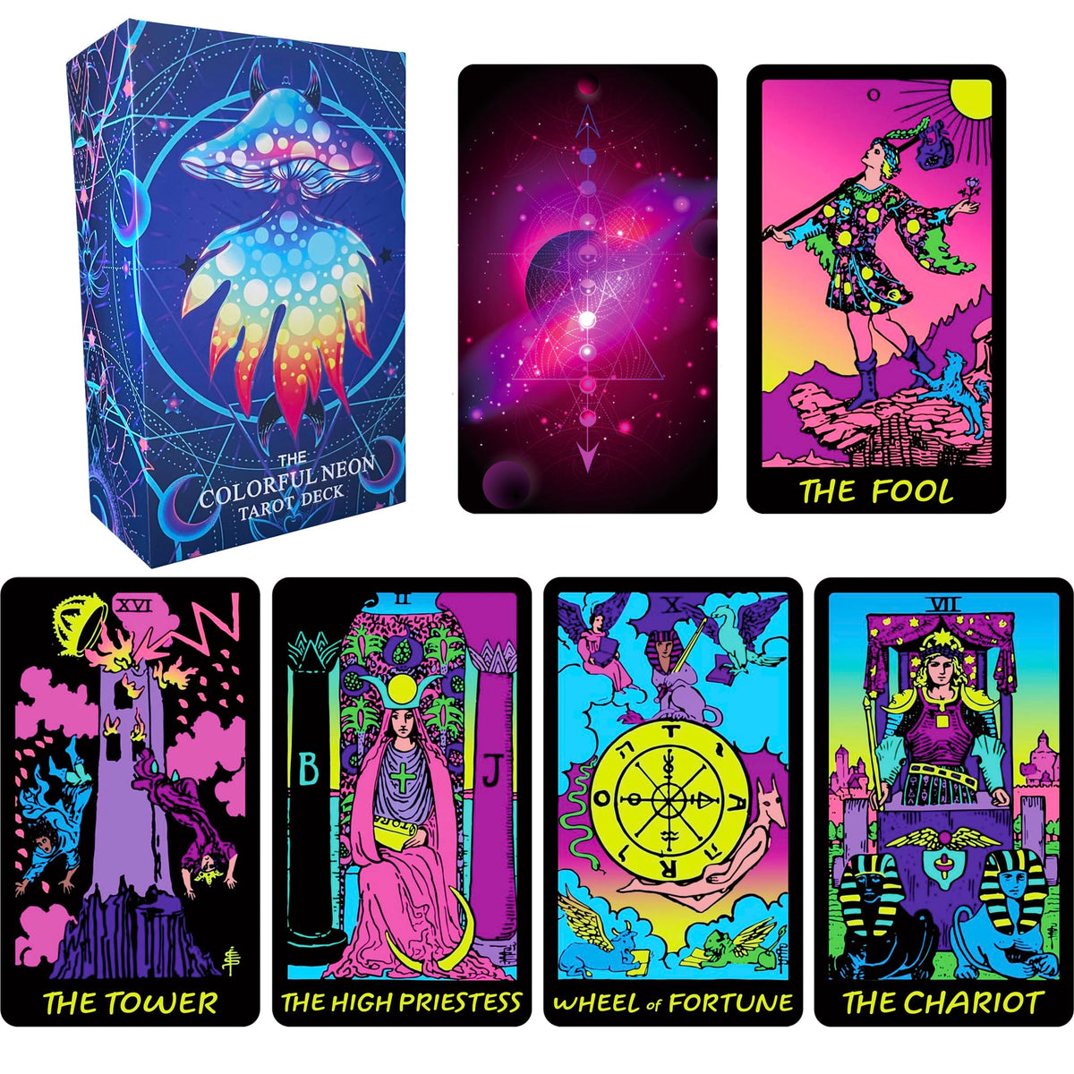 Jrskvaro Colorful Neon Tarot Cards Deck with Guidebook for Beginners – 78 Cards