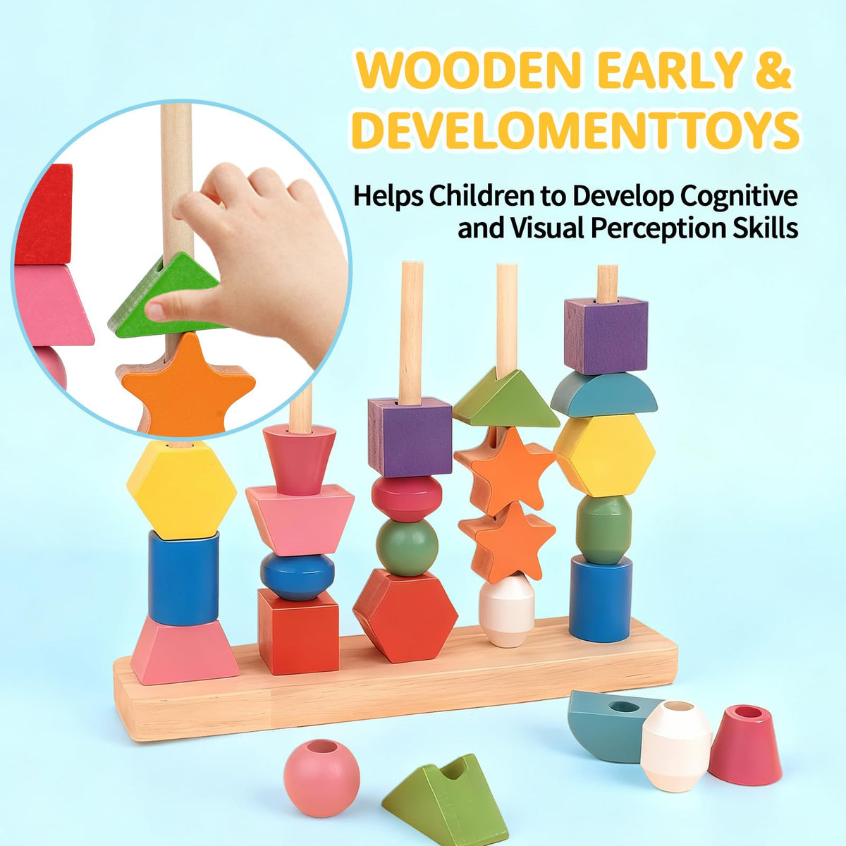 JRUXJWI Montessori Wooden Threading Beads Set for Toddlers – Bead Sequencing, Lacing & Pattern Cards