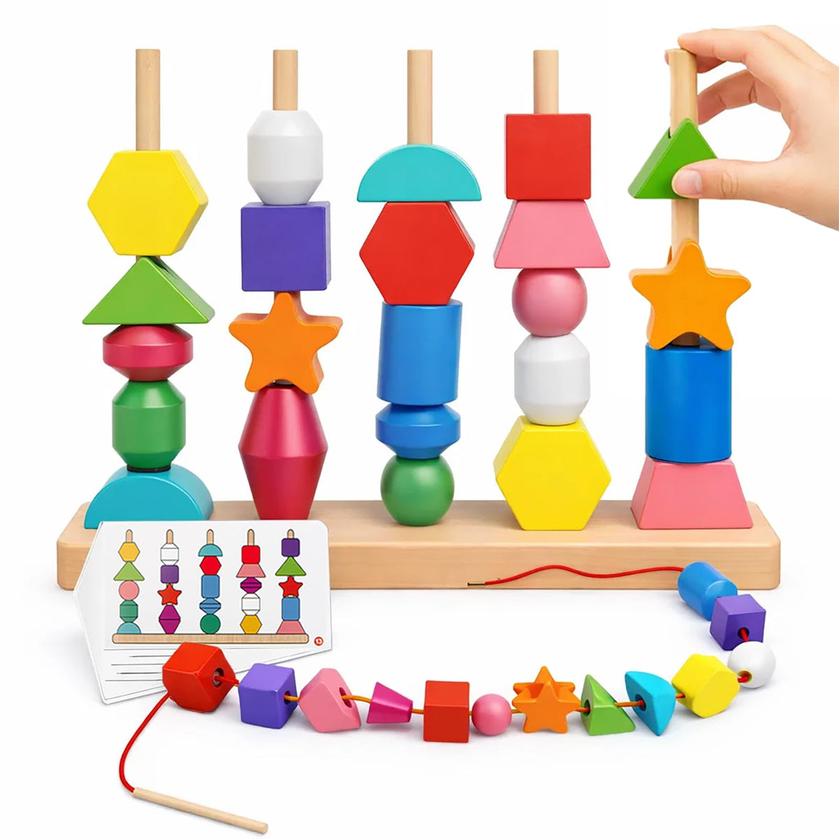 JRUXJWI Montessori Wooden Threading Beads Set for Toddlers – Bead Sequencing, Lacing & Pattern Cards
