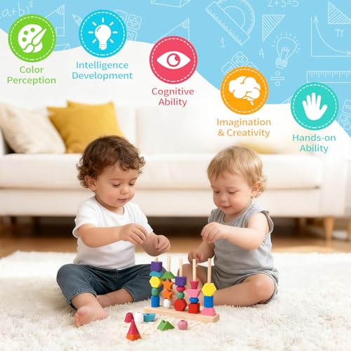 JRUXJWI Montessori Wooden Threading Beads Set for Toddlers – Bead Sequencing, Lacing & Pattern Cards