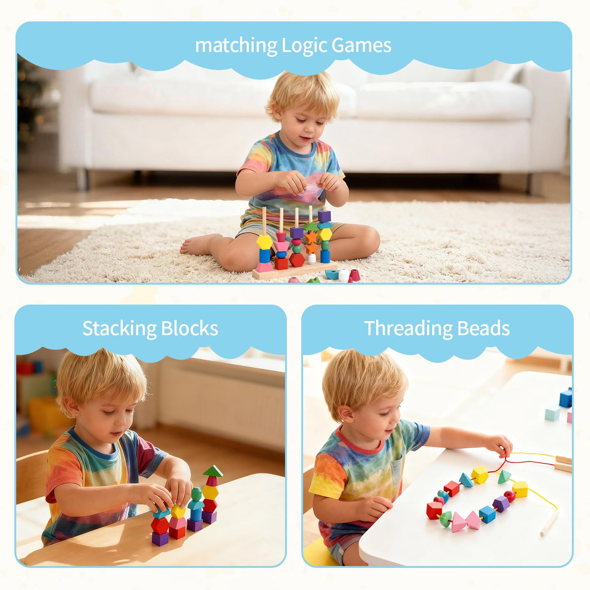 JRUXJWI Montessori Wooden Threading Beads Set for Toddlers – Bead Sequencing, Lacing & Pattern Cards
