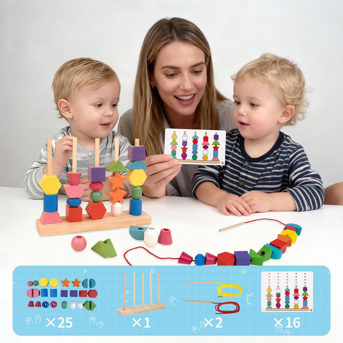 JRUXJWI Montessori Wooden Threading Beads Set for Toddlers – Bead Sequencing, Lacing & Pattern Cards