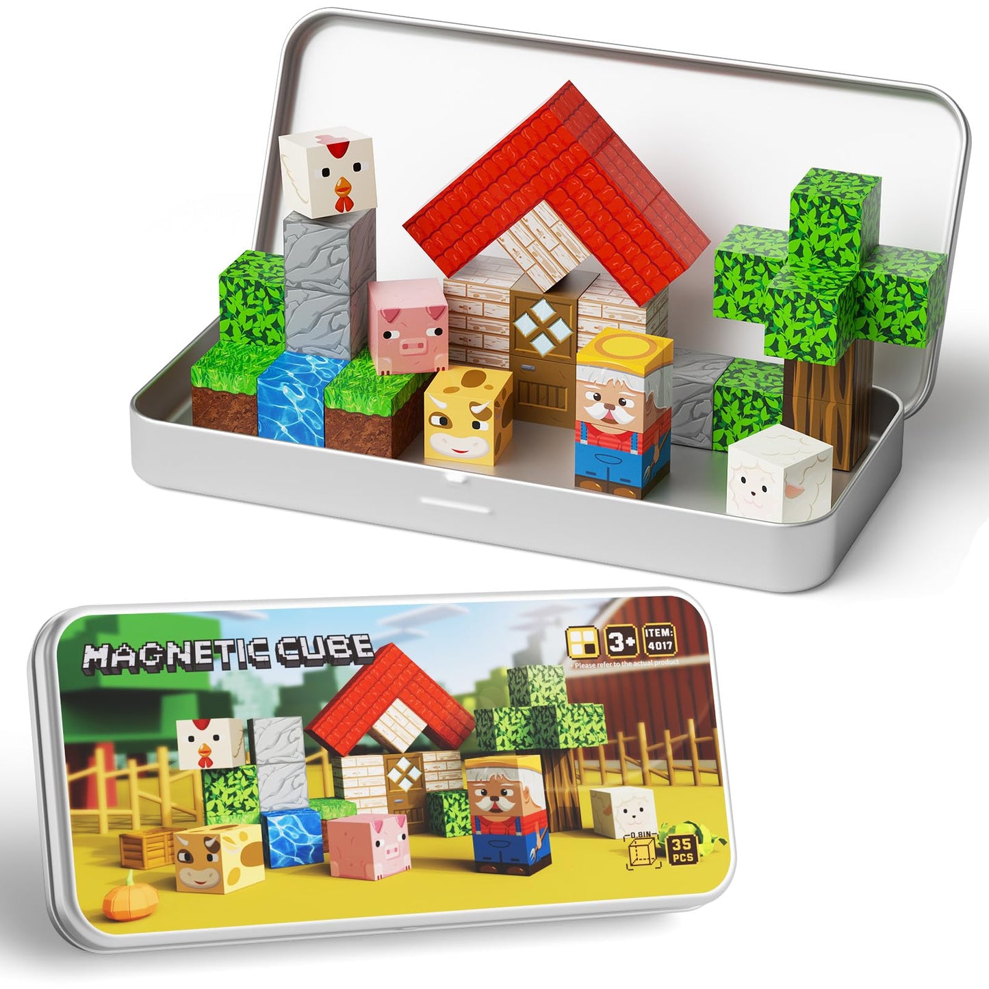 JSDKFJSA Mini Magnetic Blocks Farm Animals – 35-Piece Travel STEM Magnet Toy for Kids 3–8