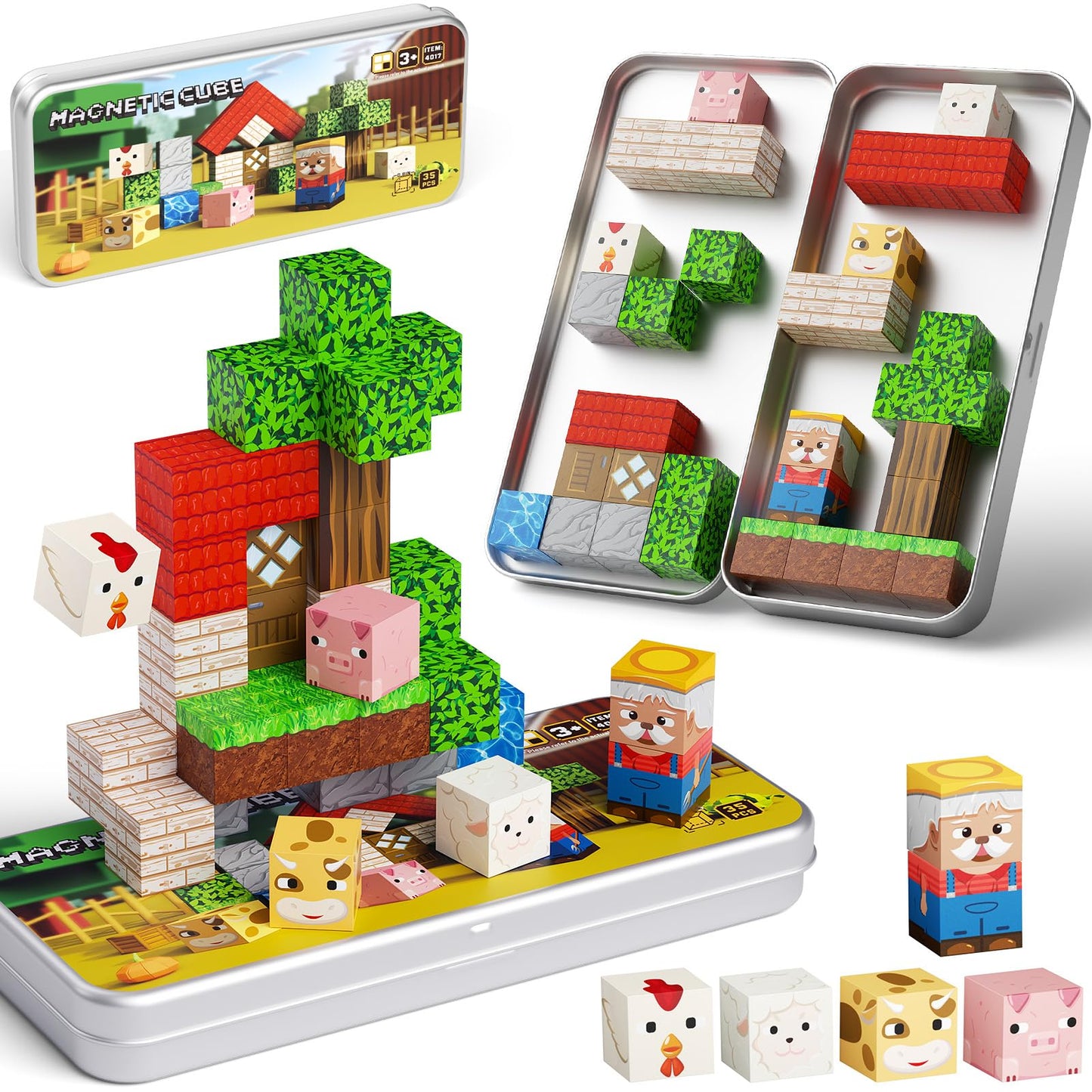 JSDKFJSA Mini Magnetic Blocks Farm Animals – 35-Piece Travel STEM Magnet Toy for Kids 3–8