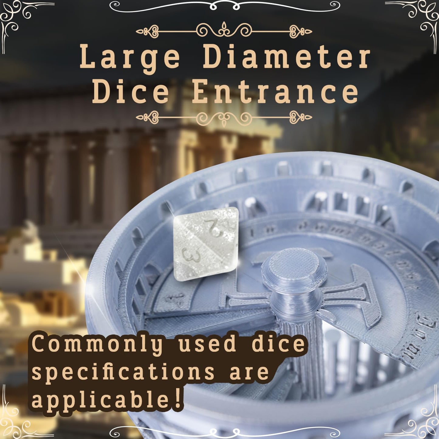 JstFrU DND Dice Tower with Tray – Ancient Roman Castle Theme, 7 Dice Included