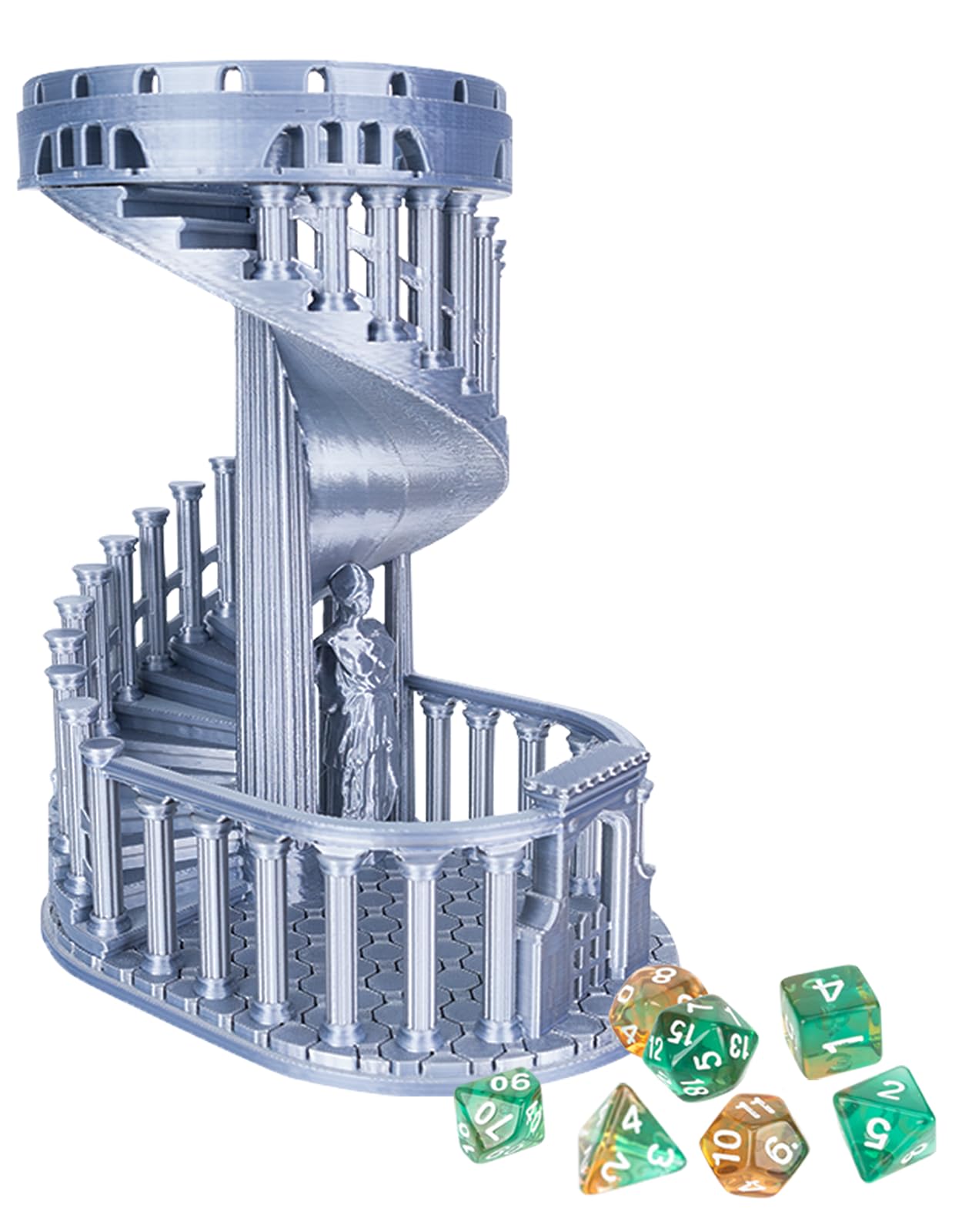 JstFrU DND Dice Tower with Tray – Ancient Roman Castle Theme, 7 Dice Included