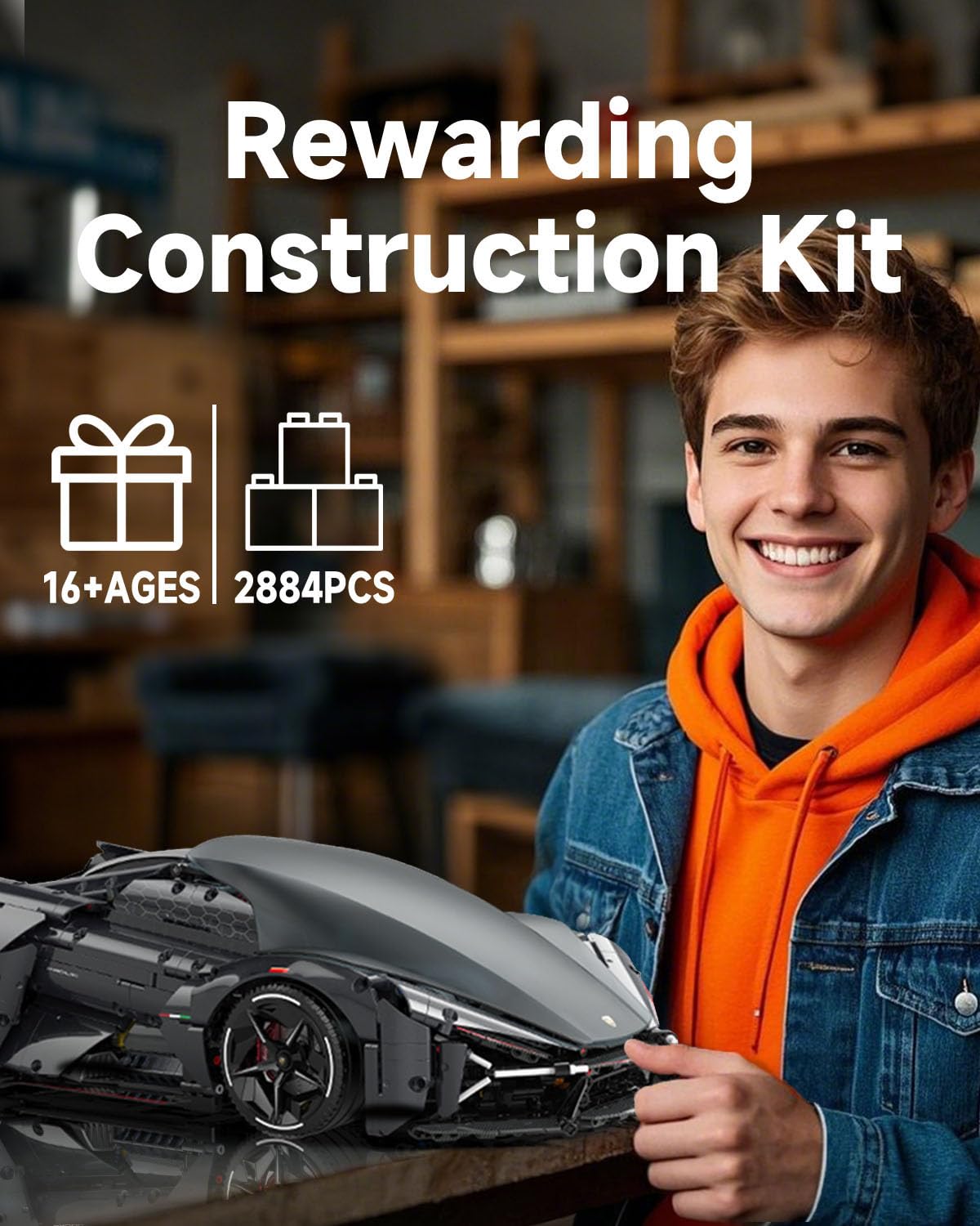 JTBBOY 1:8 Sport Building Supercar Set for Adults – 2884 Pieces, Premium Display Model Kit