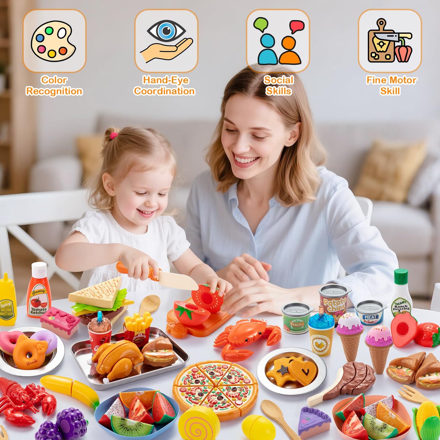 Juboury Pretend Play Food Set for Toddlers — Cutting Toy Foods with Storage Bag & Stainless Steel Tray