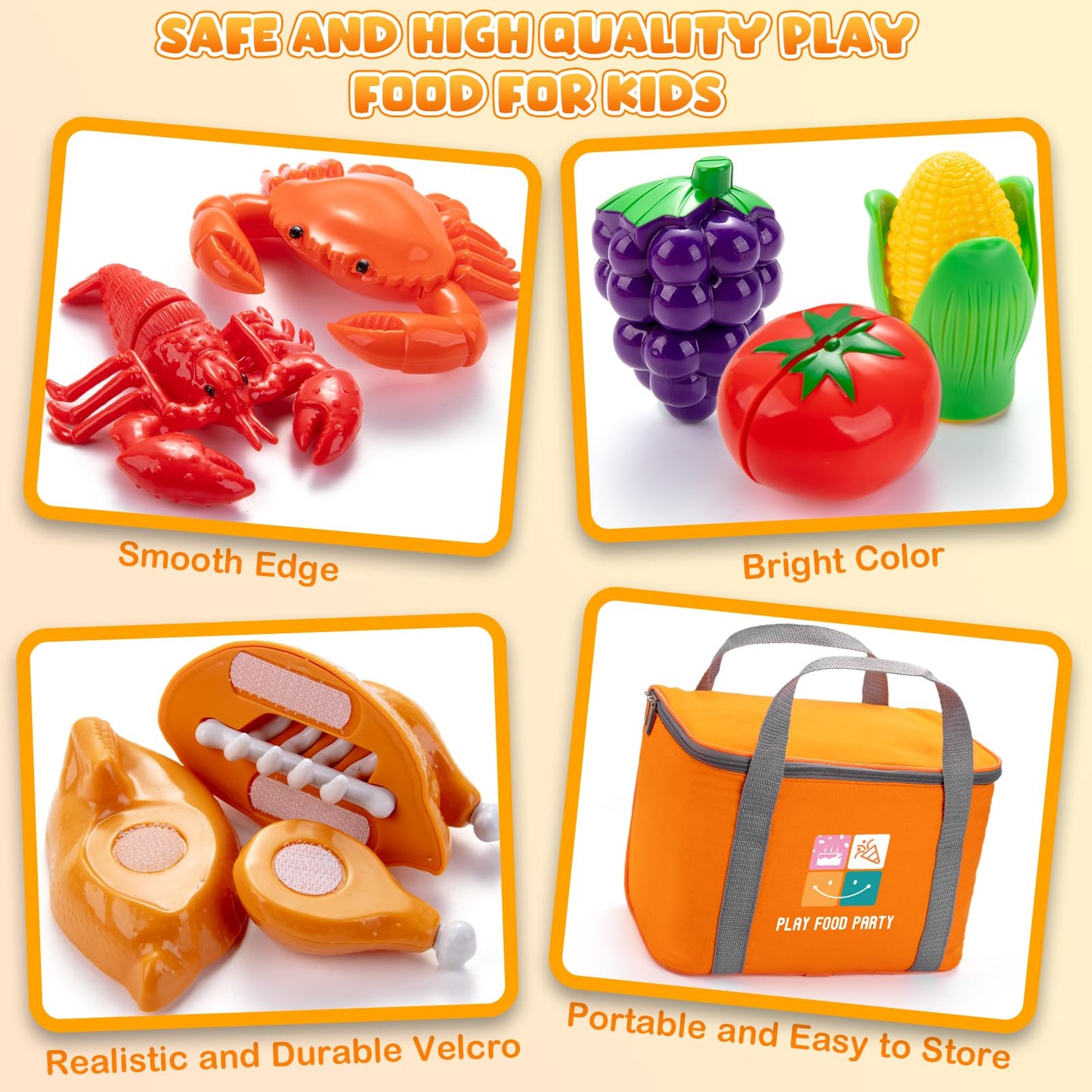 Juboury Pretend Play Food Set for Toddlers — Cutting Toy Foods with Storage Bag & Stainless Steel Tray