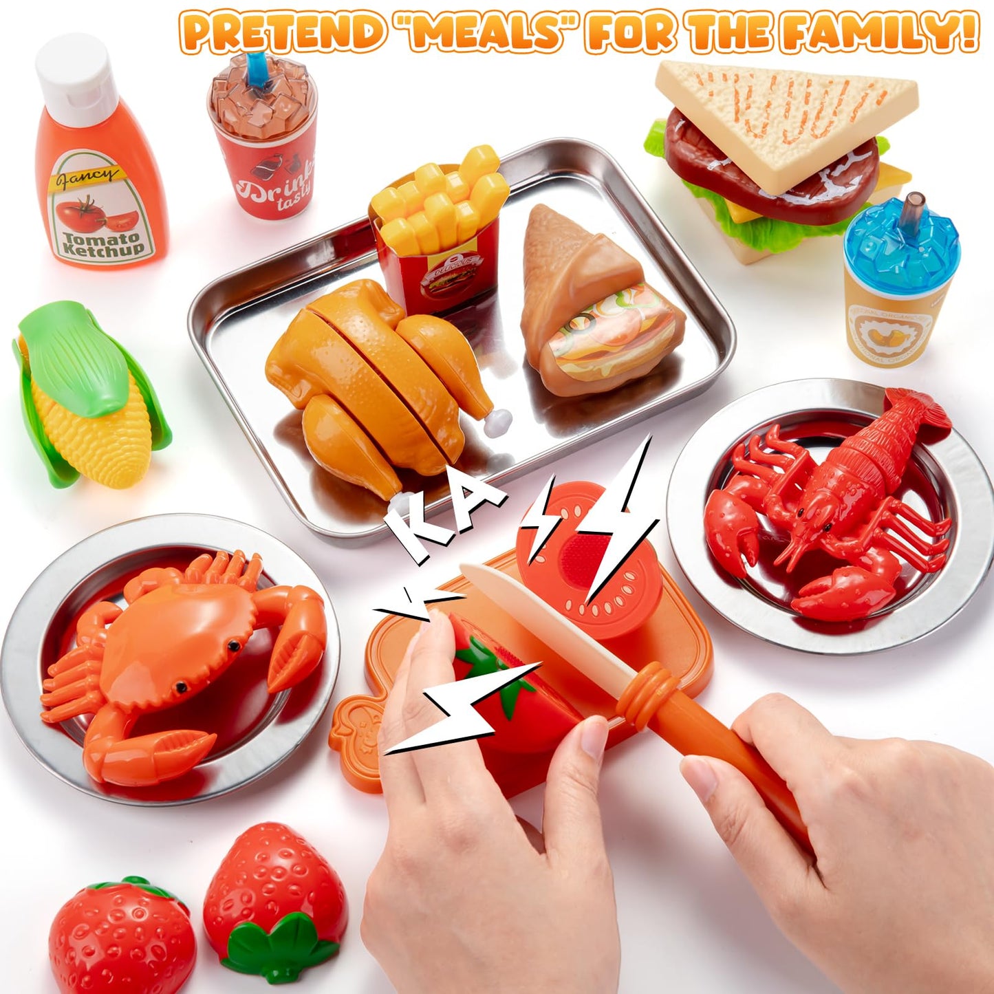 Juboury Pretend Play Food Set for Toddlers — Cutting Toy Foods with Storage Bag & Stainless Steel Tray