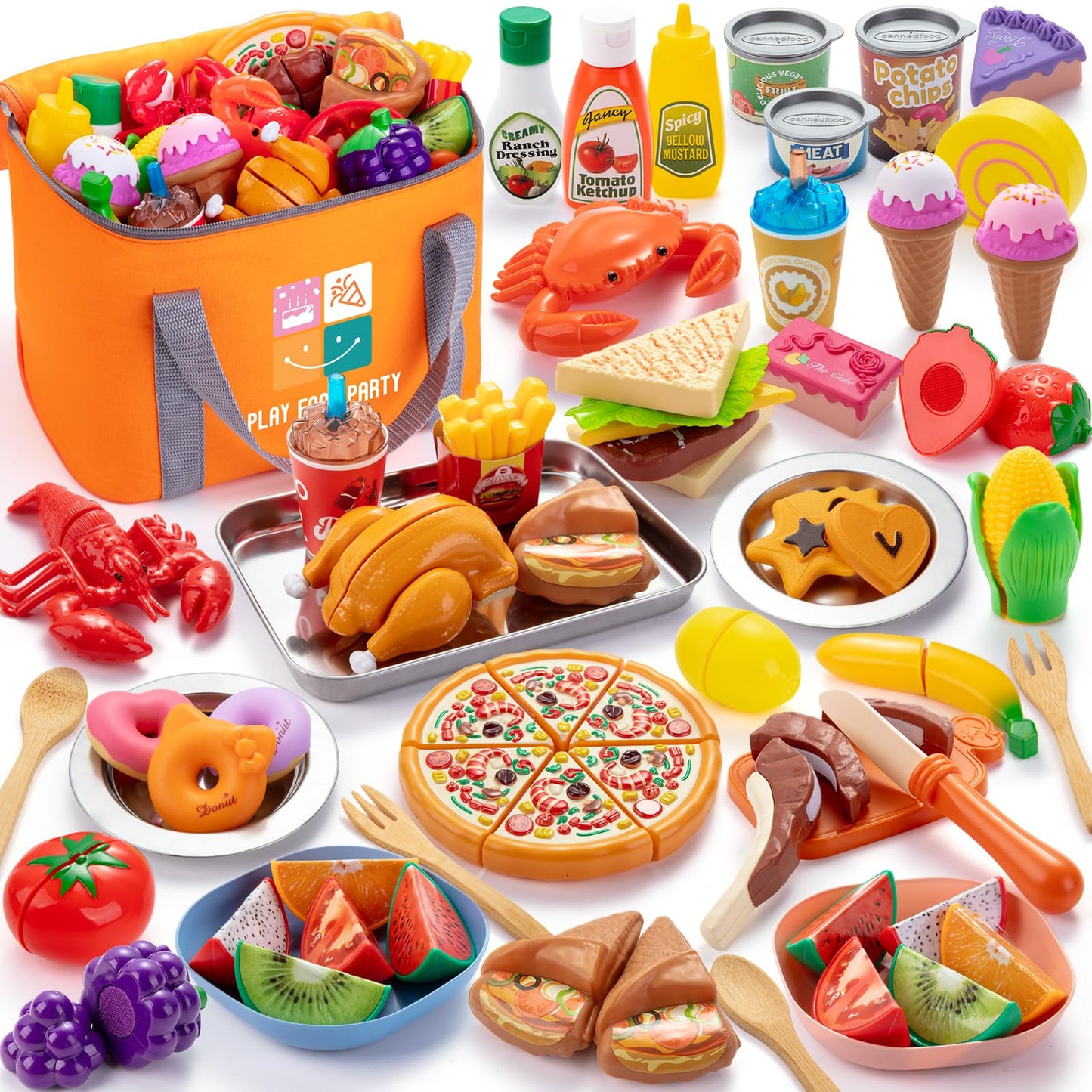 Juboury Pretend Play Food Set for Toddlers — Cutting Toy Foods with Storage Bag & Stainless Steel Tray