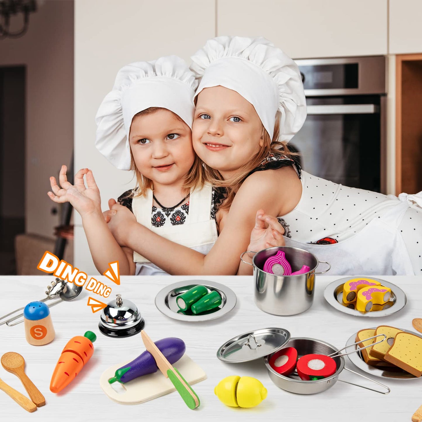 Juboury Pretend Play Kitchen Set – 33-Piece Stainless Steel Pots & Wooden Food
