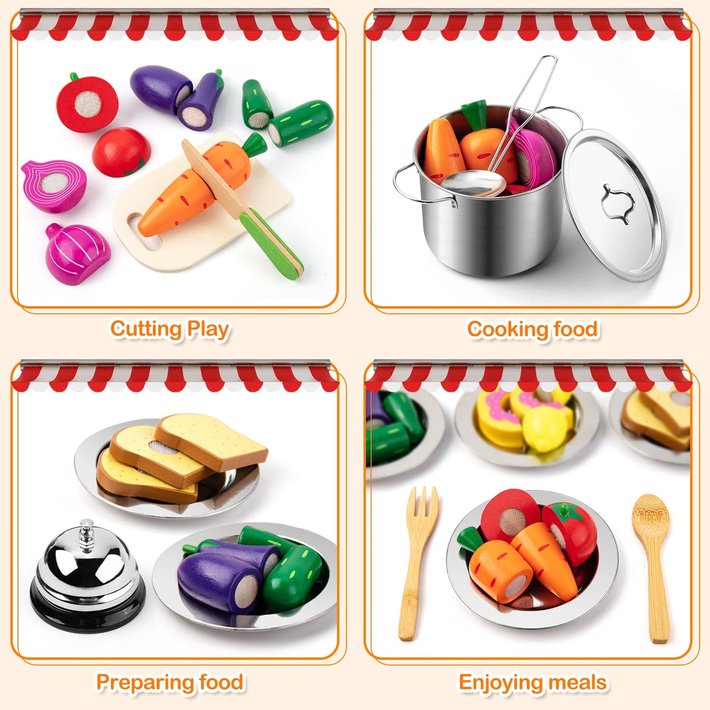 Juboury Pretend Play Kitchen Set – 33-Piece Stainless Steel Pots & Wooden Food