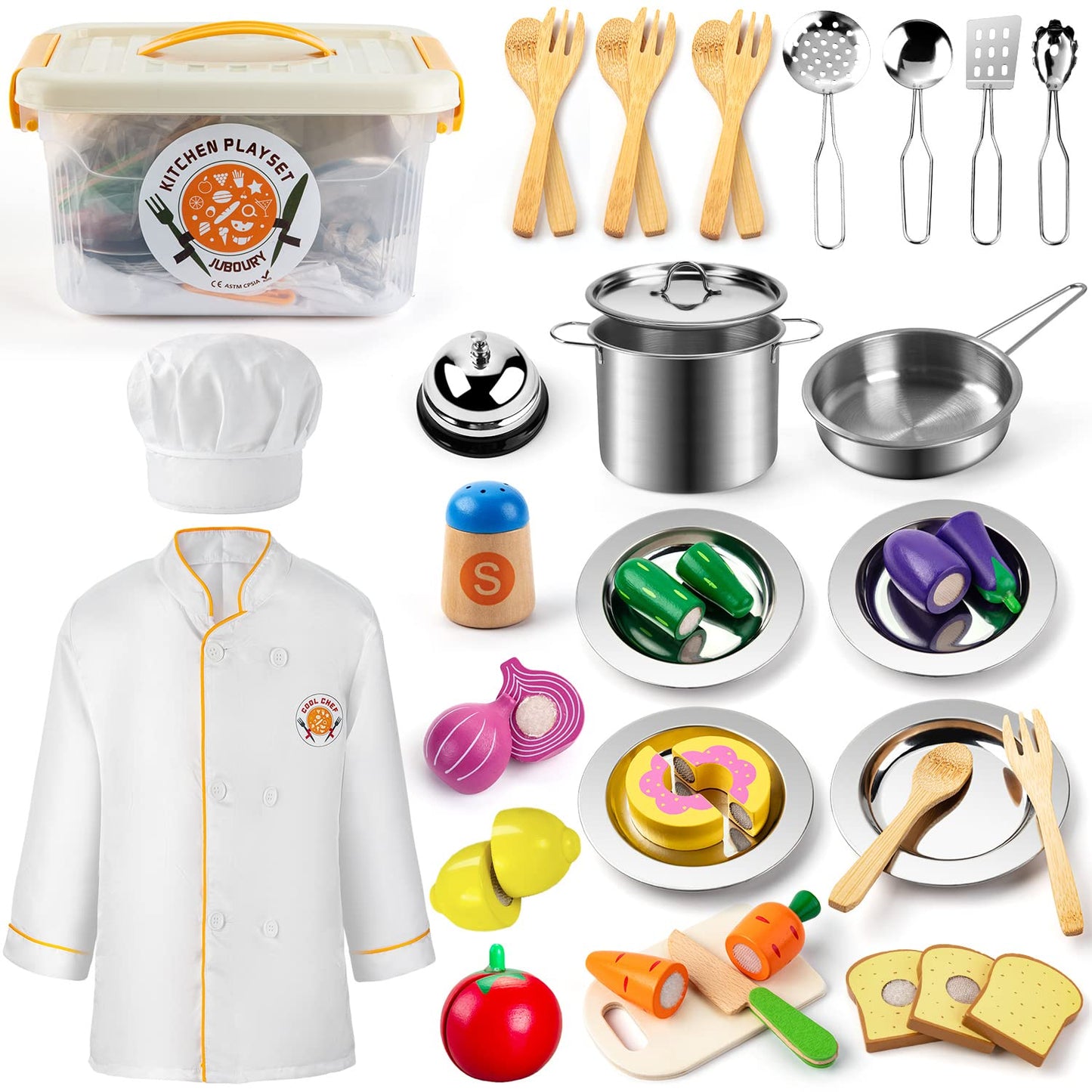 Juboury Pretend Play Kitchen Set – 33-Piece Stainless Steel Pots & Wooden Food