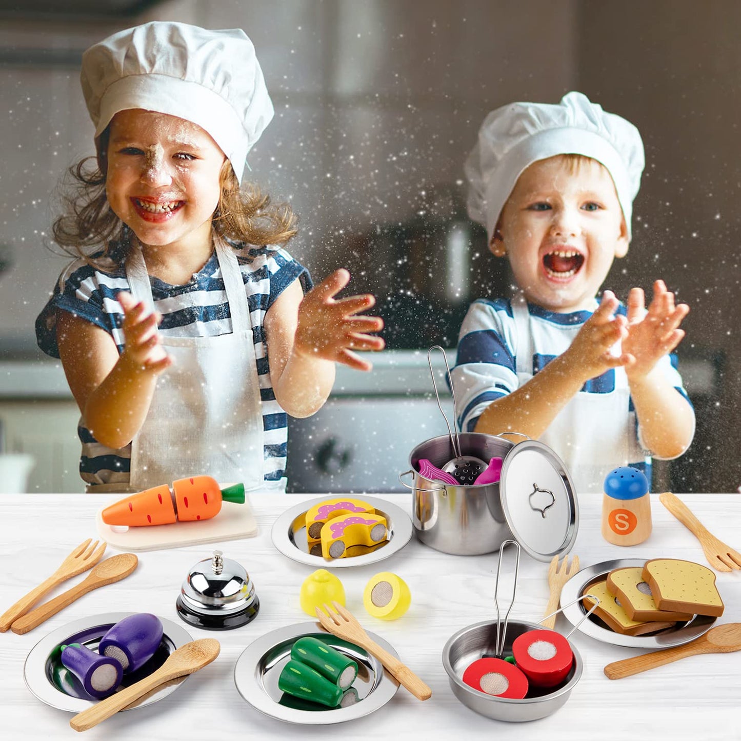 Juboury Pretend Play Kitchen Set – 33-Piece Stainless Steel Pots & Wooden Food