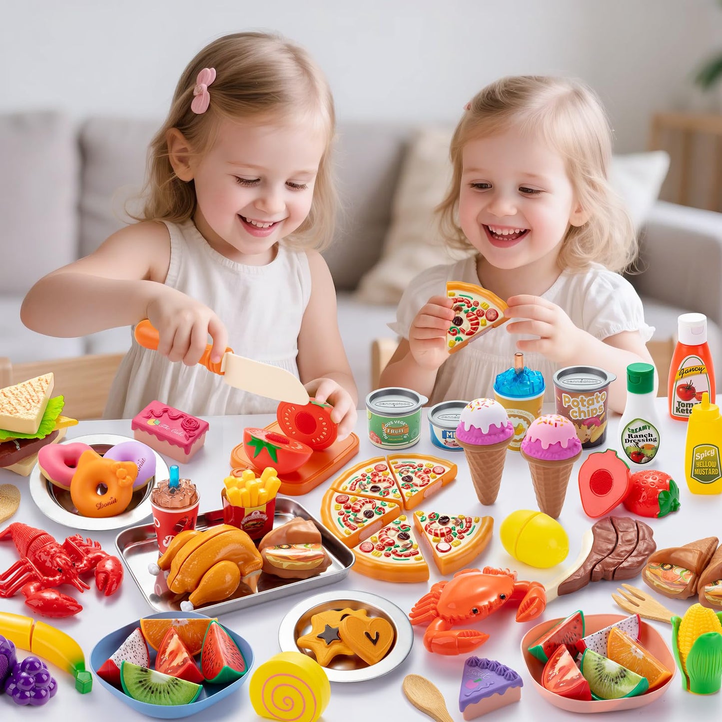 Juboury Pretend Play Food Set for Toddlers — Cutting Toy Foods with Storage Bag & Stainless Steel Tray