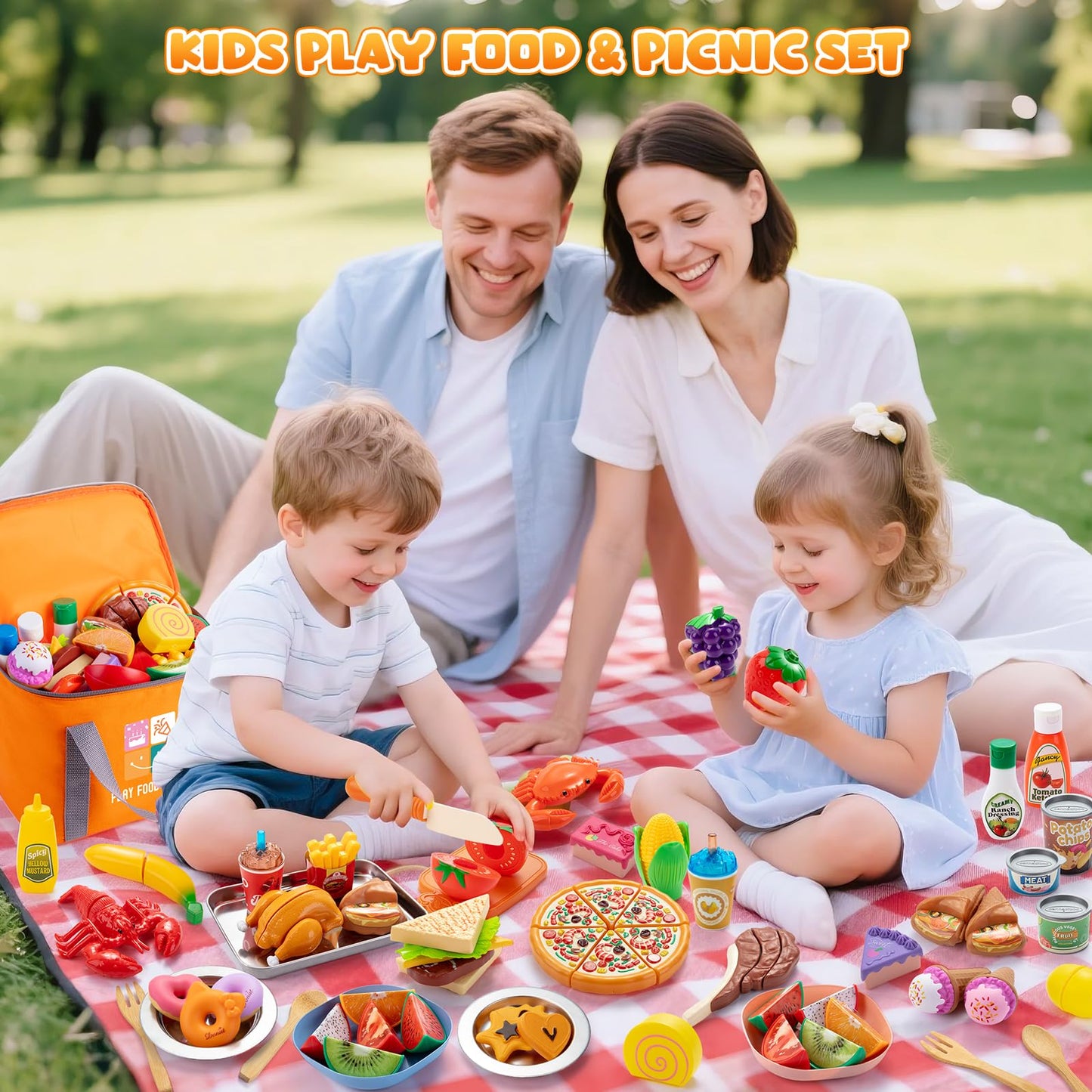 Juboury Pretend Play Food Set for Toddlers — Cutting Toy Foods with Storage Bag & Stainless Steel Tray