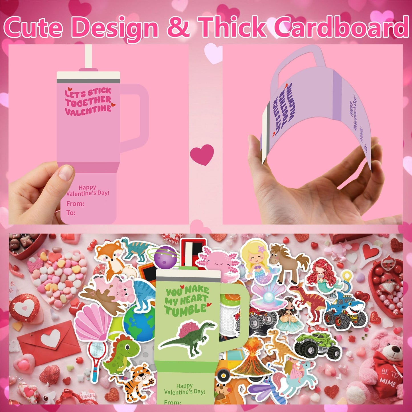 Juchuar Valentines Day Cards for Kids School – 48 Pack Water Bottle Cards + 240 Stickers | Classroom Gift Set
