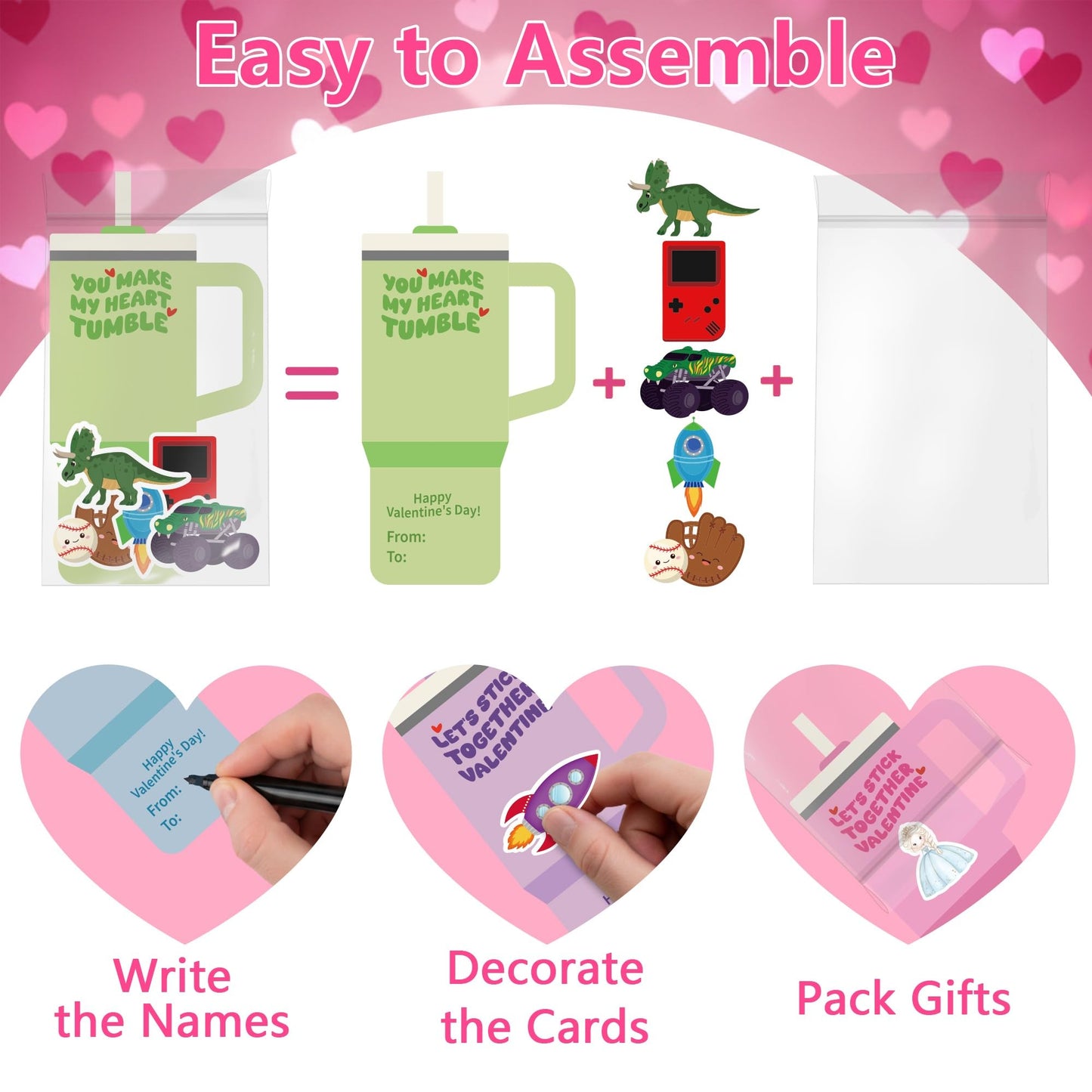 Juchuar Valentines Day Cards for Kids School – 48 Pack Water Bottle Cards + 240 Stickers | Classroom Gift Set