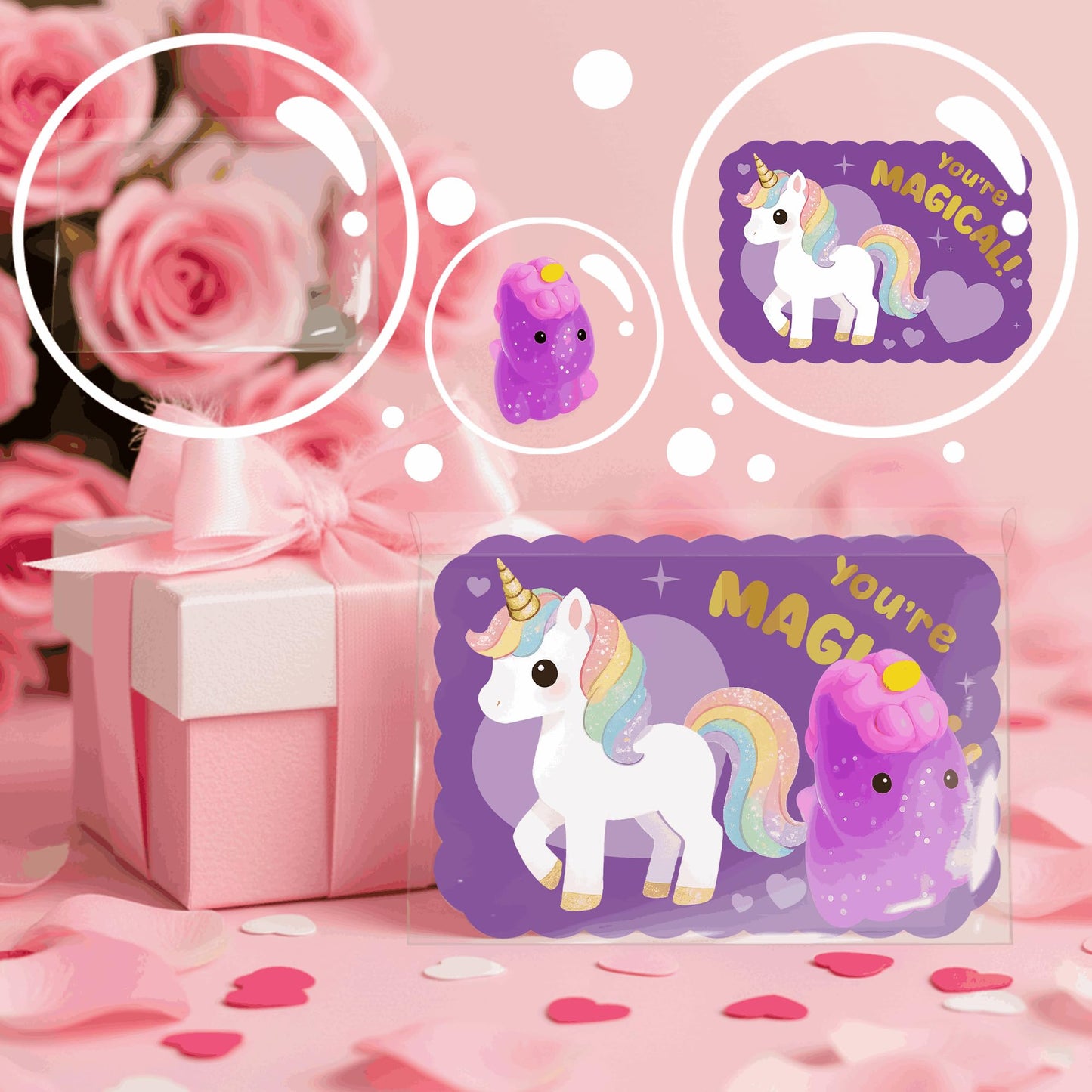 Juchuar Valentines Day Cards for Kids – 30-Pack Glitter Mochi Squishy Valentines for Class