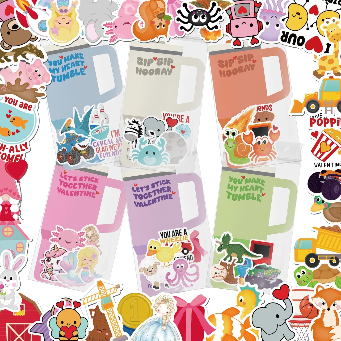 Juchuar Valentines Day Cards for Kids School – 48 Pack Water Bottle Cards + 240 Stickers | Classroom Gift Set