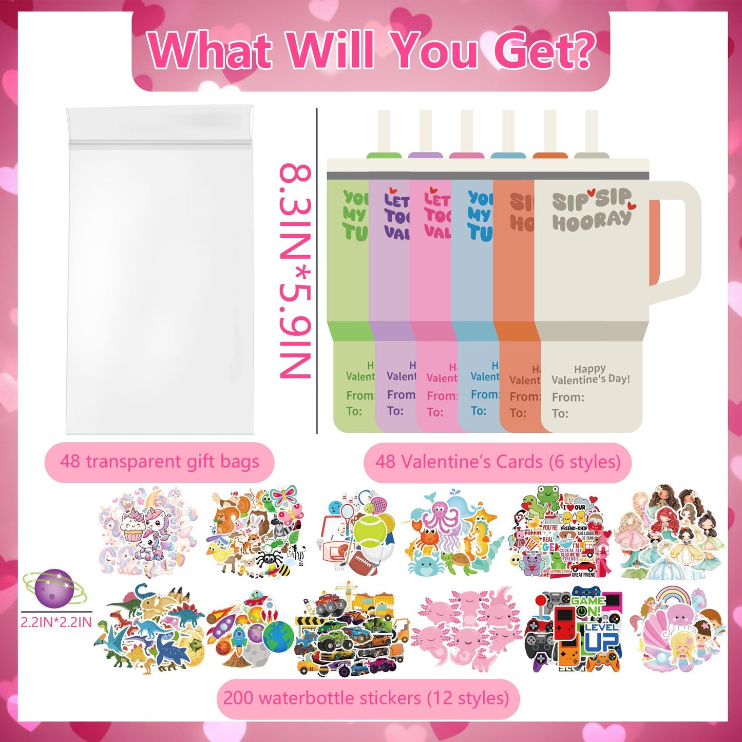 Juchuar Valentines Day Cards for Kids School – 48 Pack Water Bottle Cards + 240 Stickers | Classroom Gift Set
