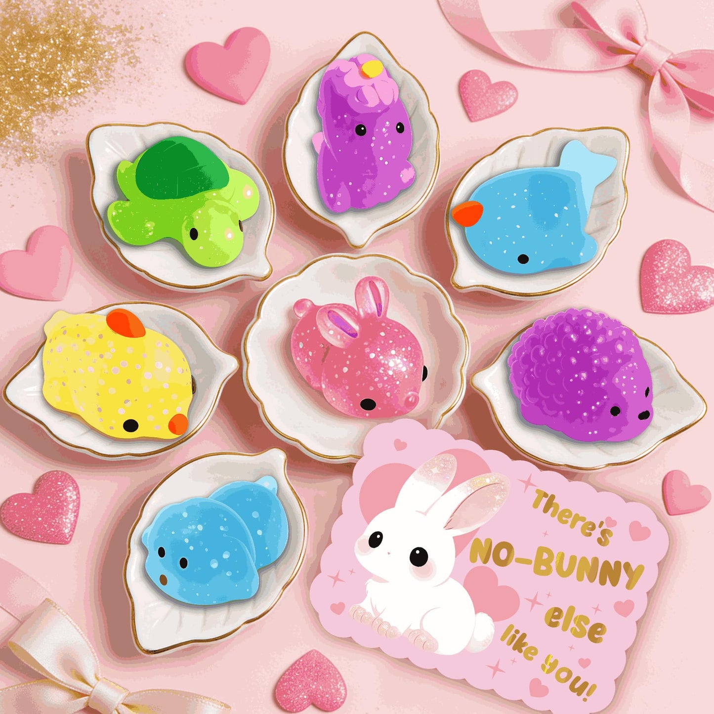 Juchuar Valentines Day Cards for Kids – 30-Pack Glitter Mochi Squishy Valentines for Class